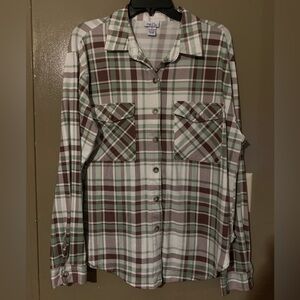 rue21 women's xl fall plaid flannel - green, cream, brown - muted colors - soft